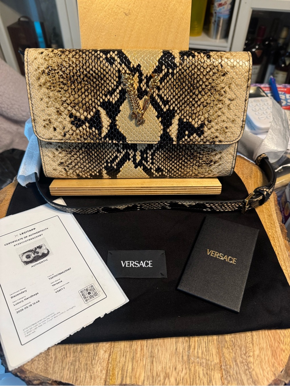 Versace Virtus Snakeskin Embossed Leather Wallet on Chain Shoulder Bag